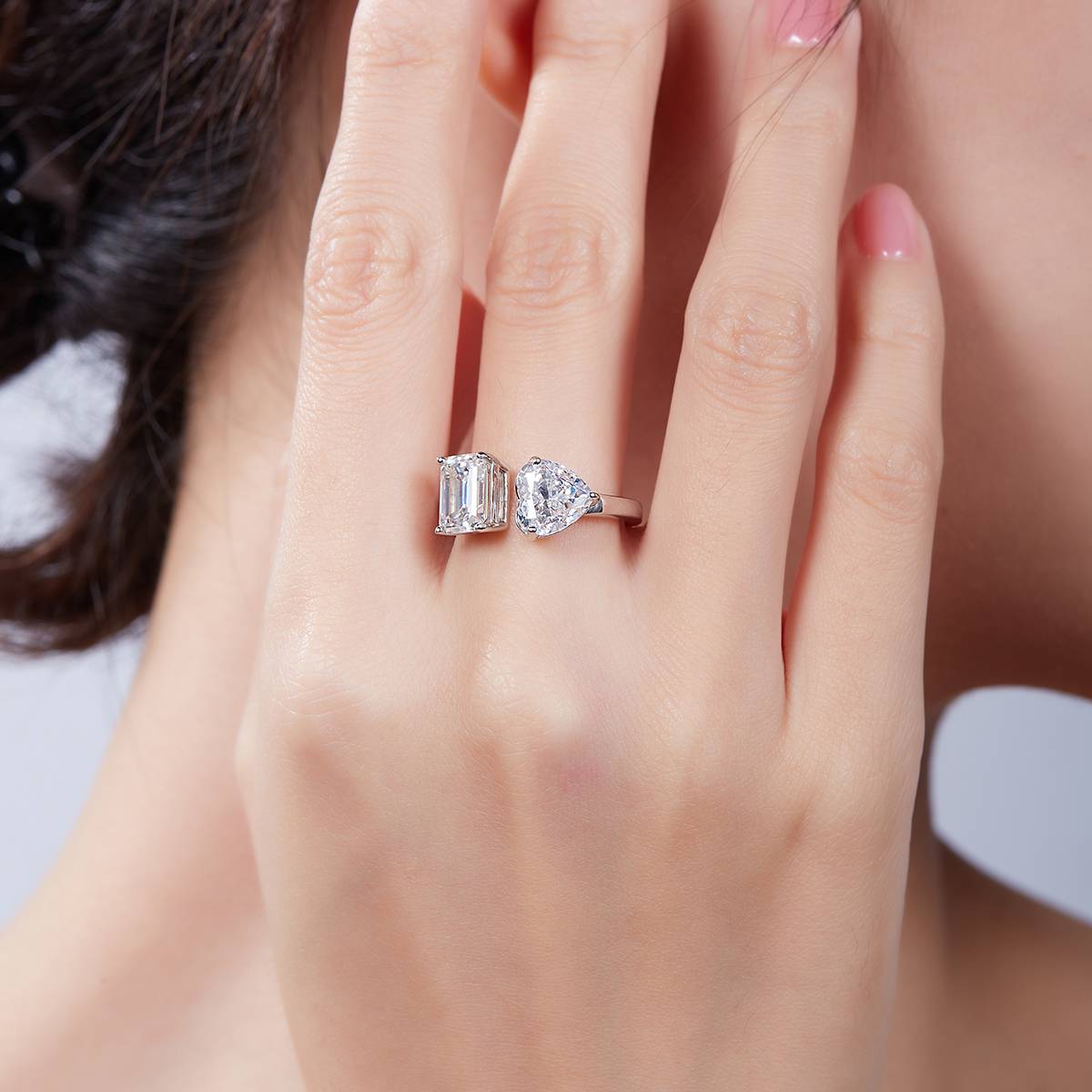 Heart Ice Flower Cut AND Rectangular Moissanite 925 Silver Plated Platinum Women's Ring 2 Carat D-Class
